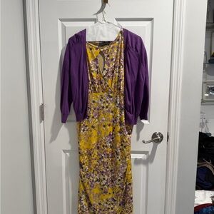 Apt. 9 Yellow Floral Midi Dress with Purple Cardigan